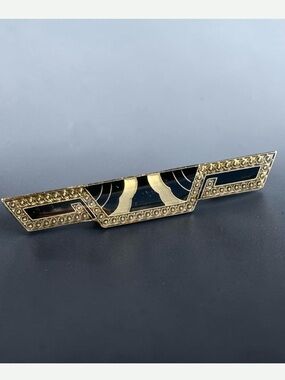 Vintage Pierre Bex Art Deco Black, Cream, and Gold Enamel Bar Brooch